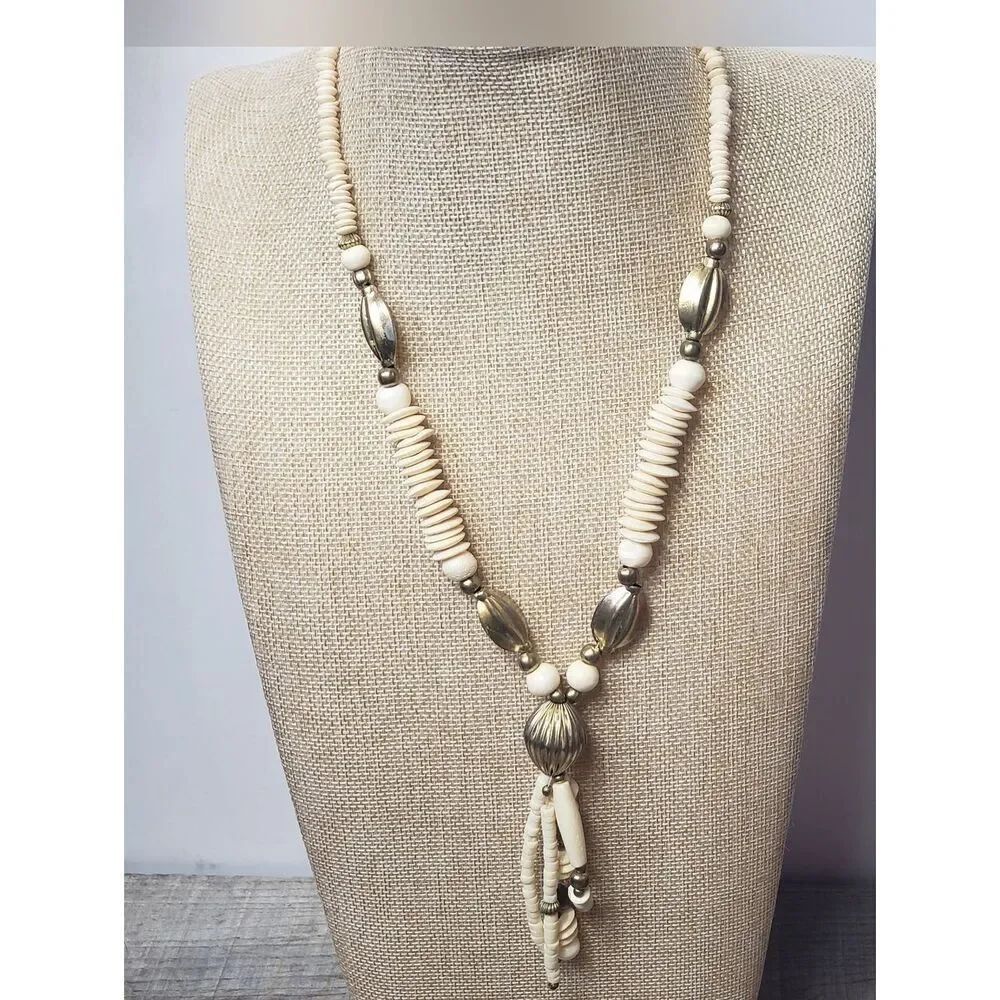 VINTAGE Beaded Tassel-Style Neckkace Cream & Gold